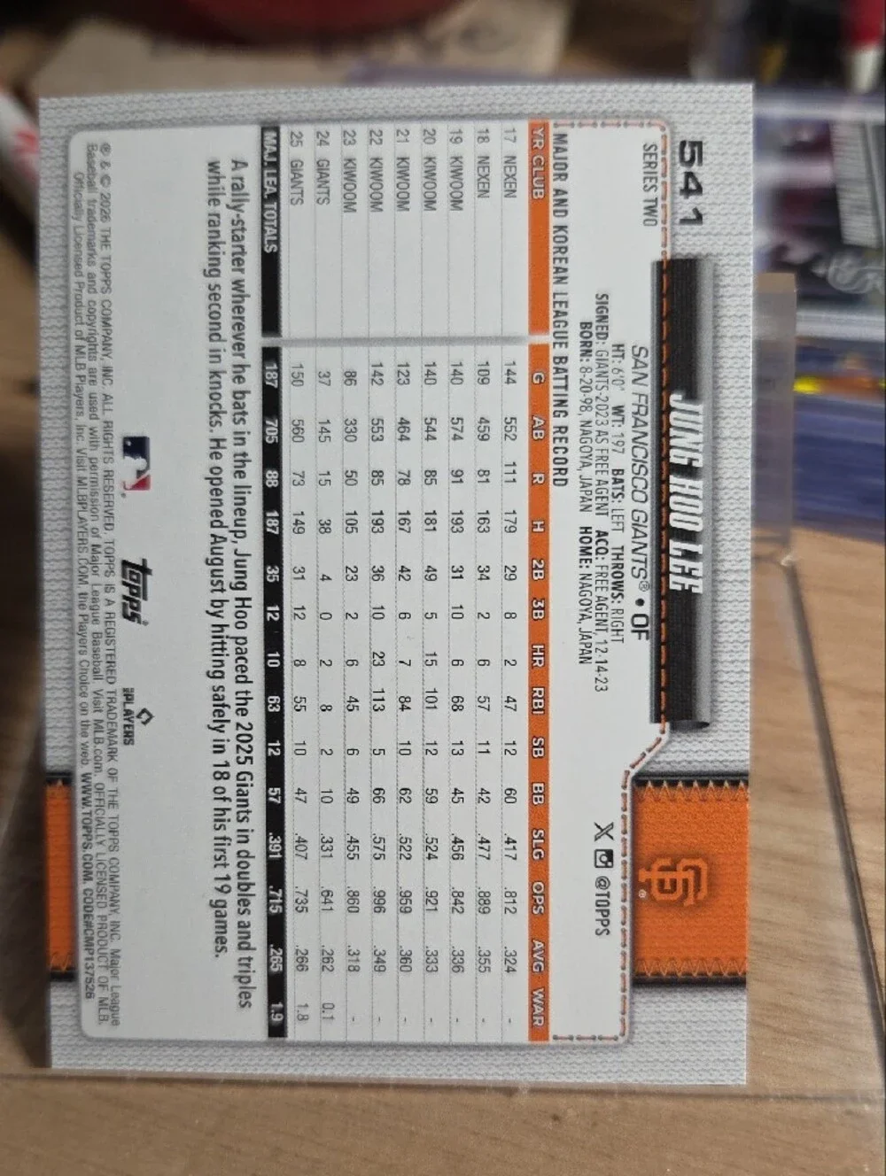 Topps SF Giants Orange Holographic Jung Hoo Lee Collector Card
